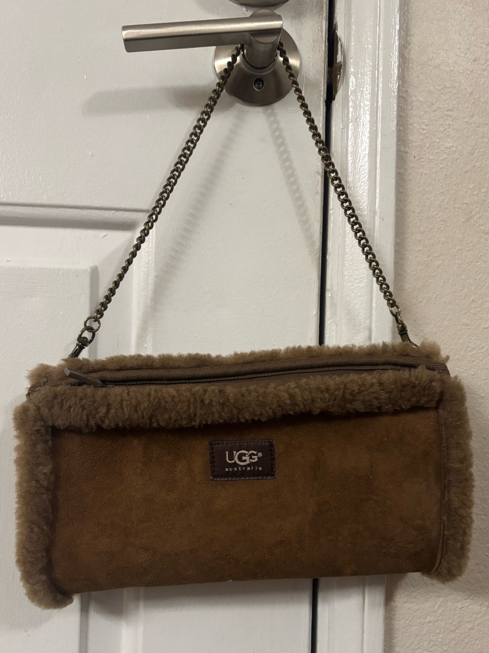 UGG Brown Suede Shearling Chain-Handle Clutch